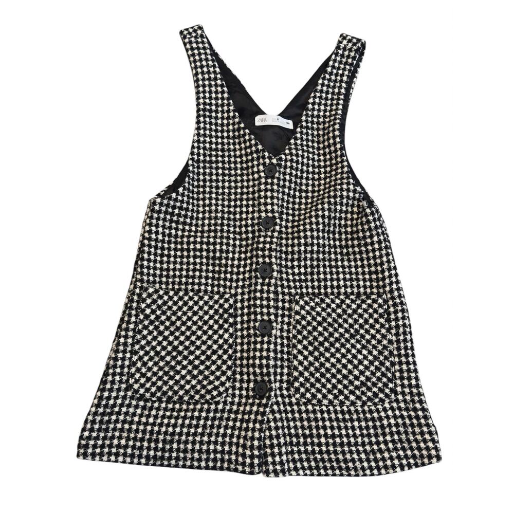 Girls Zara Houndstooth Button Down Black and White Pinafore Jumper, Size 8
